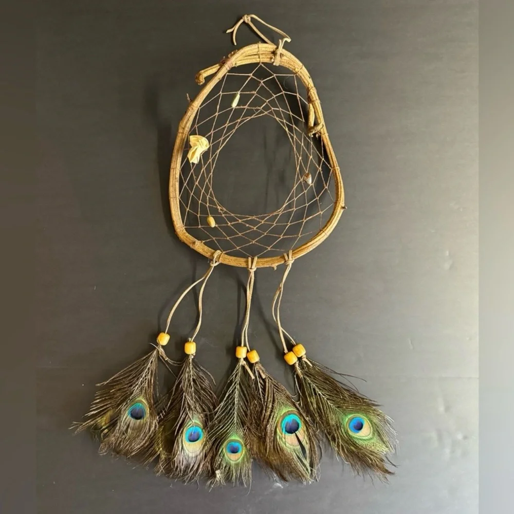 Vtg Peacock feather and willow branch handmade dreamcatcher.Brown and blue.